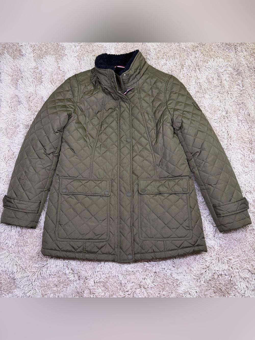 Tommy Hilfiger Quilted Jacket Size M Olive Green 1985 Patch Missing Hood
